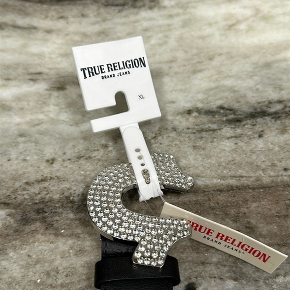 True Religion Silver Horseshoe Black Faux Leather Belt w/ Rhinestones Size XL - Picture 5 of 9